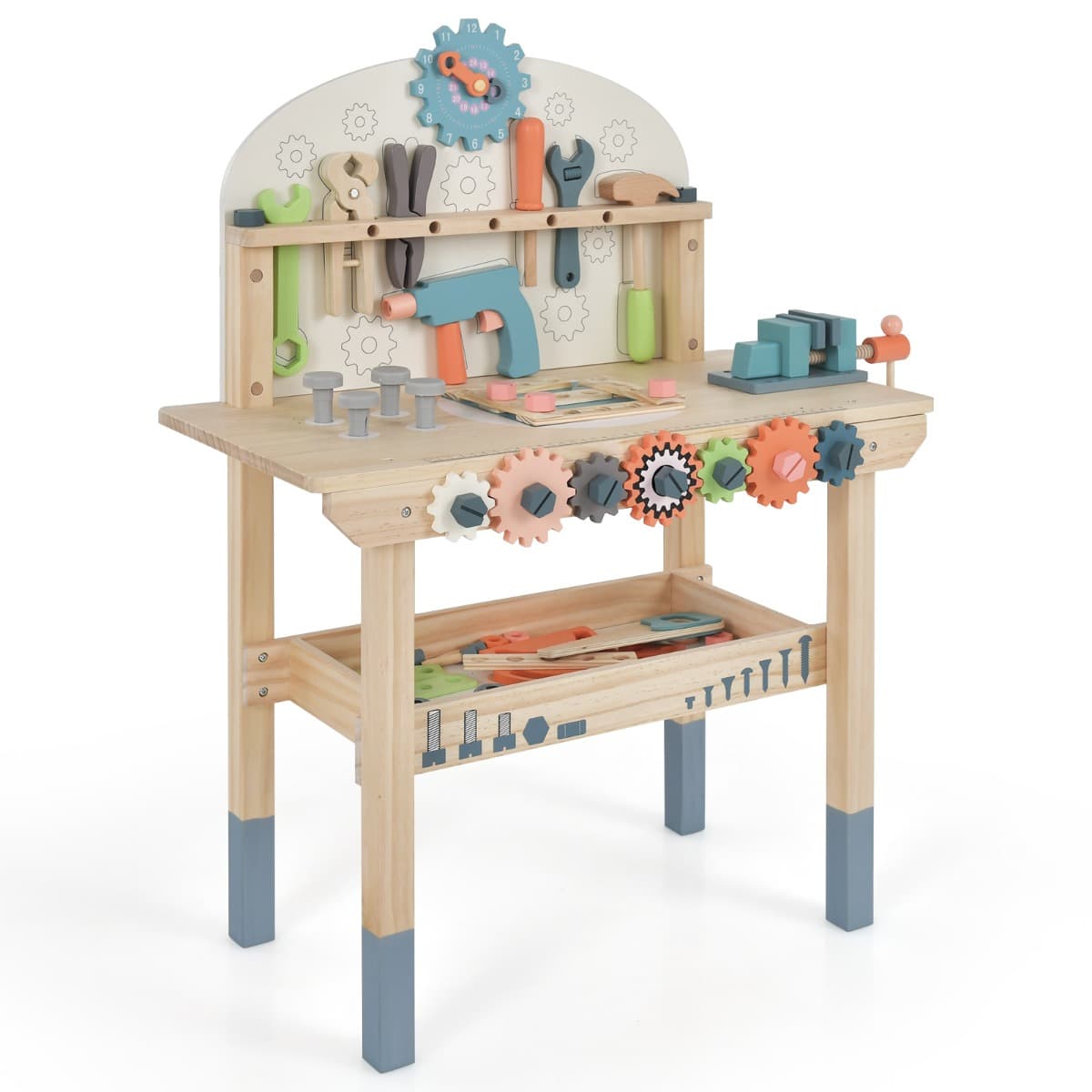 CostwayJouet d'Etabli en Bois pour Enfants avec 8 Outils & 53 Accessoires Jeu d'imitation Bricolage avec Tableau Noir Cadeau pour Garçons et Filles
